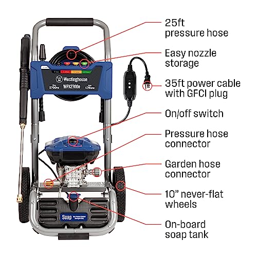 Westinghouse WPX3000e Electric Pressure Washer, 3000 Max PSI and 1.76 Max GPM, Induction Motor, Onboard Soap Tank, Spray Gun and Wand, 5 Nozzle Set