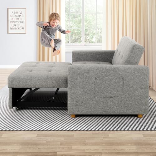 SEJOV 3-in-1 Convertible Sofa Bed, Linen Fabric Sleeper Couch Pull Out Bed, 49" 2-Seater Loveseat Futon Sofa with Spring Support