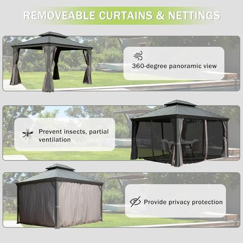 Domi 10’ x 10’ Hardtop Gazebo Metal Frame Canopy with Netting & Curtains