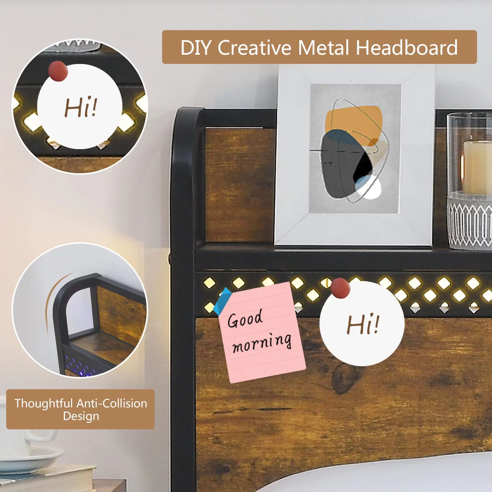 King Size Bed Frame with 4 Storage Drawers, LED Bed Frame with Charging Station, Metal Platform Bed King with Headboard & LED Lights