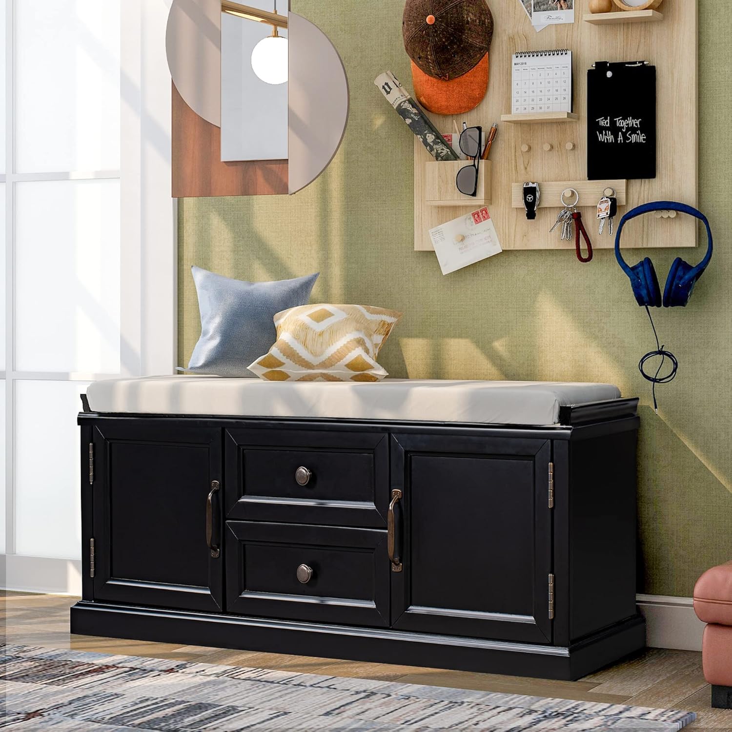 Storage Bench with 2 Drawers and 2 Cabinets, Shoe Bench with Removable Cushion for Living Room, Entryway, Hallway (Blue)
