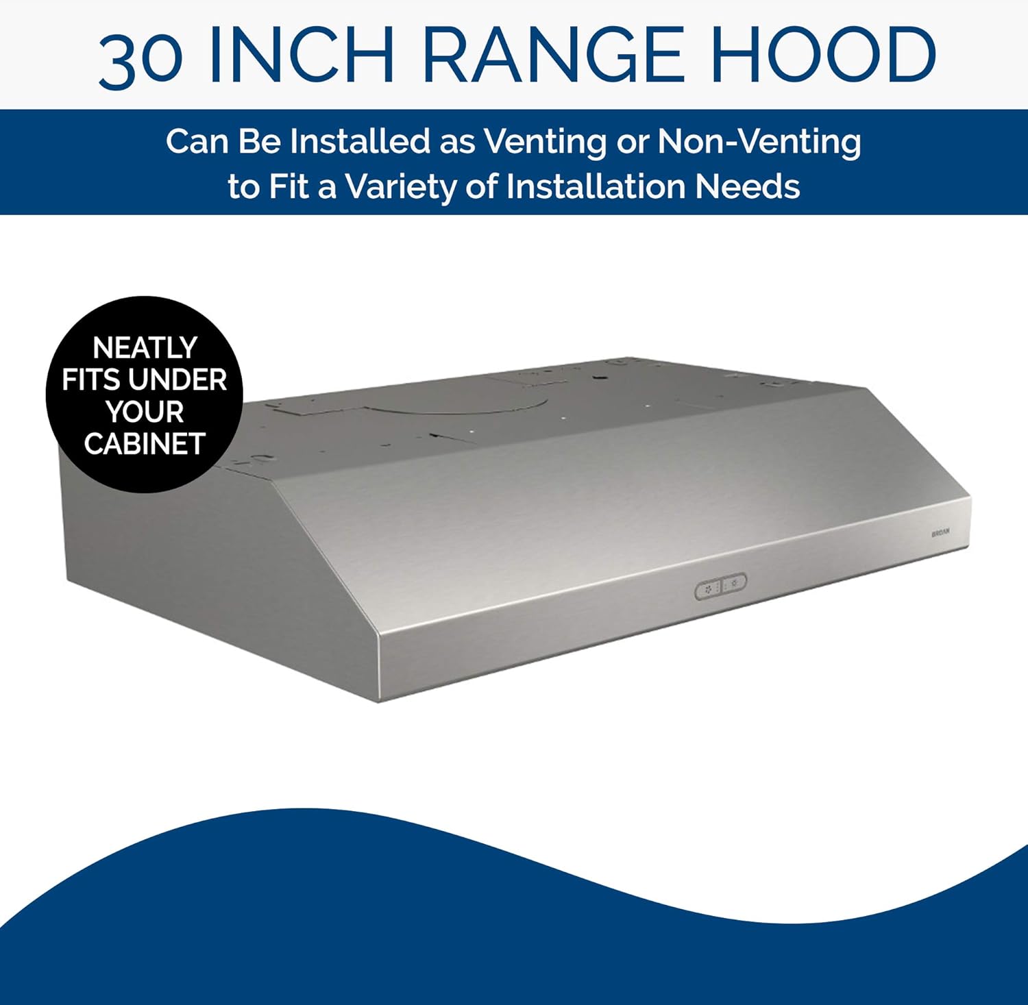 BROAN NuTone BCDF130SS Glacier Convertible Range Hood Light Exhaust Fan for Under Cabinet, Stainless Steel