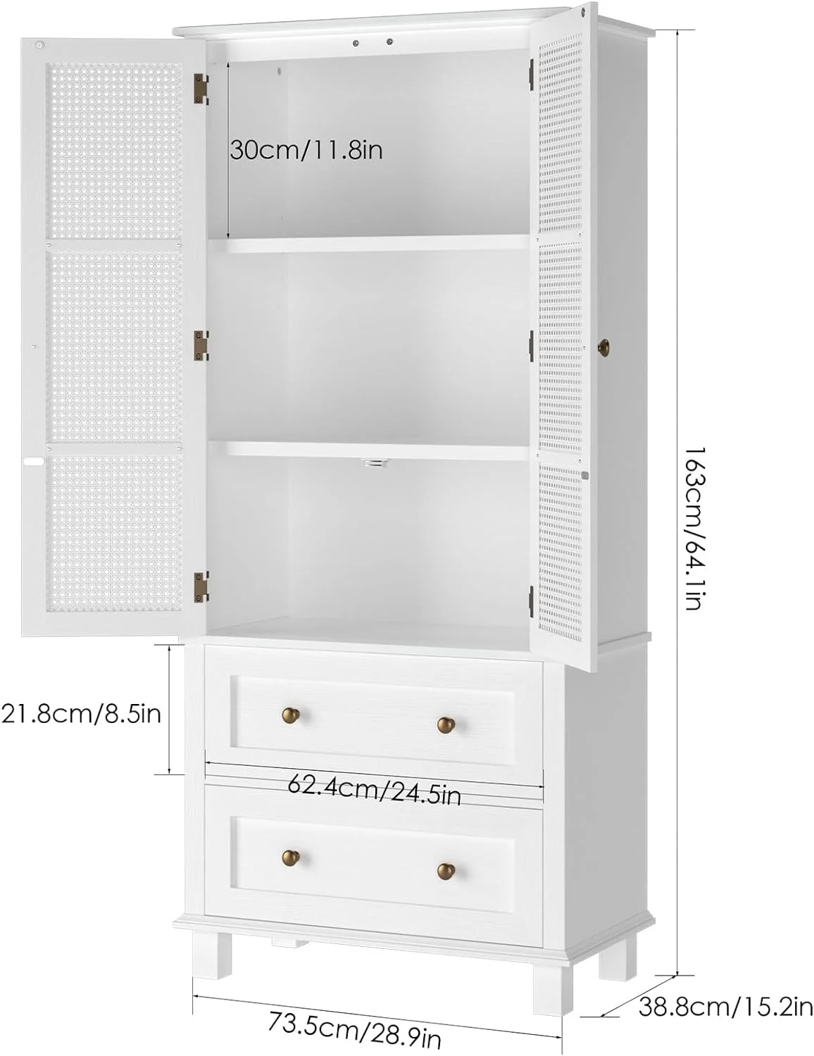Kitchen Pantry Storage Cabinet, Tall Cabinet with Rattan Doors and 2 Drawers, Freestanding Cupboard with Adjustable Shelves