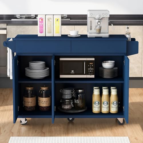 55.7'' Large Kitchen Island with 2 Drop Leaf, Rolling Kitchen Cart on 5 Wheels with Power Outlet