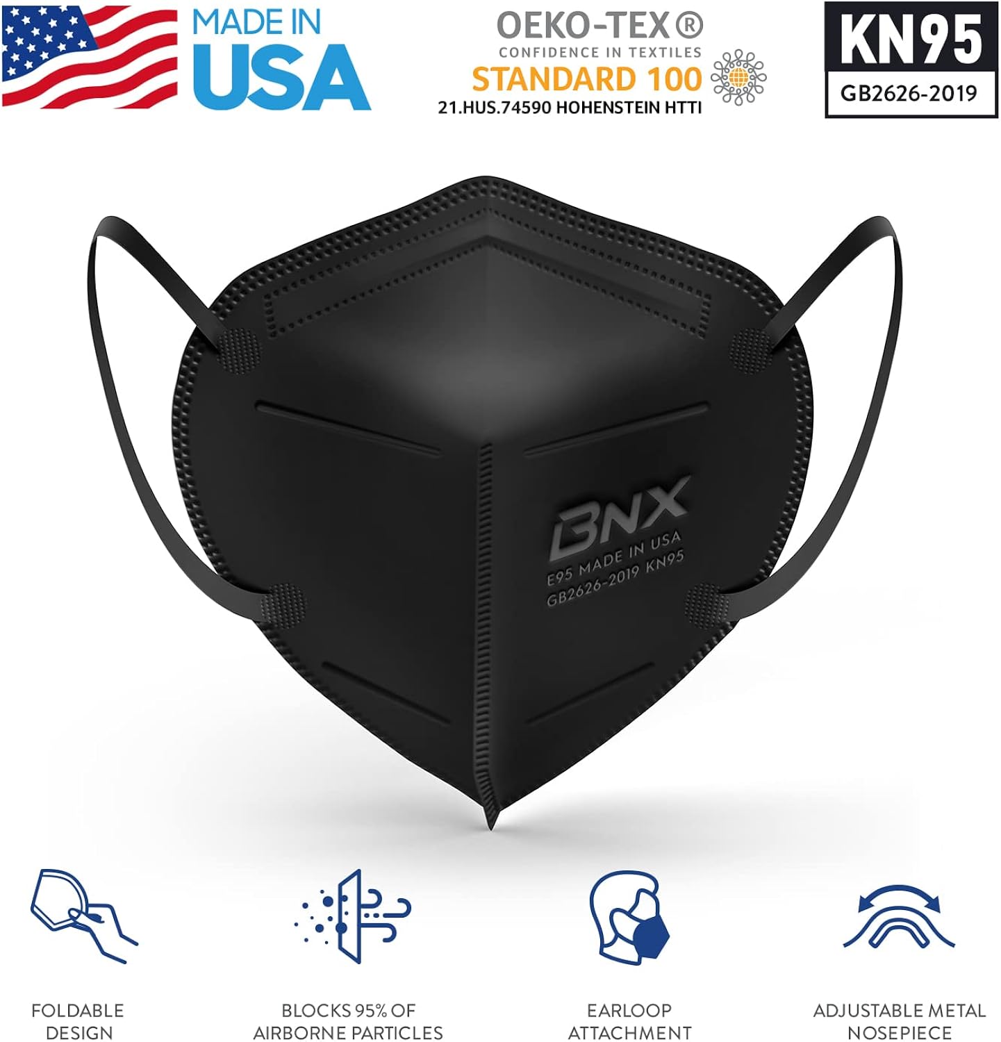 BNX KN95 Face Mask Made in USA (50-Pack), FDA Registered KN95 Mask Disposable Particulate Respirator, GB2626-2019, Protection Against Dust