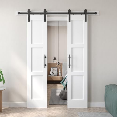 Fredbeck Double 21inx84in White Barn Door and 7FT Sliding Barn Door Hardware Kit Included,Solid,MDF, PVC Surface,DIY Assembly,5-Panel