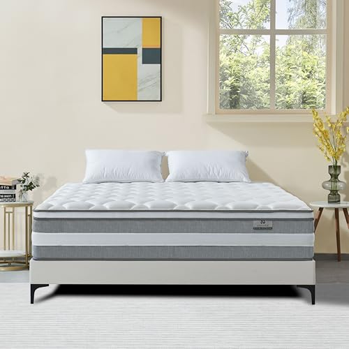 Queen Mattress, 14 Inch Hybrid Mattresses in a Box, Individually Wrapped Pocket Coils for Isolate Motion, Gel Memory Foam, Medium Firm Support