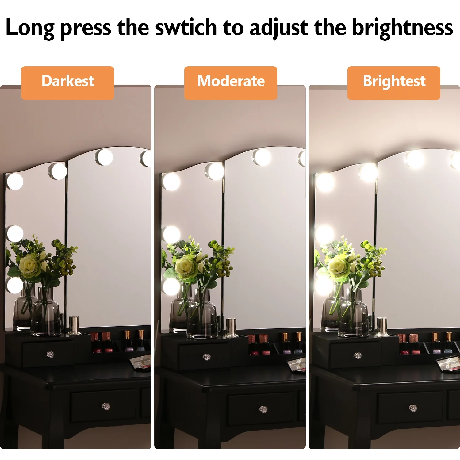 BEWISHOME Vanity Set with Lighted Mirror, Makeup Vanity with Tri-Folding Mirror 10 LED Bulbs