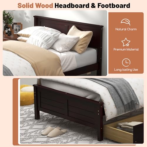 GOFLAME Twin Size Bed Frame with 2 Drawers, Platform Bed with Solid Wood Headboard & Footboard, Wood Slats Support Mattress Foundation