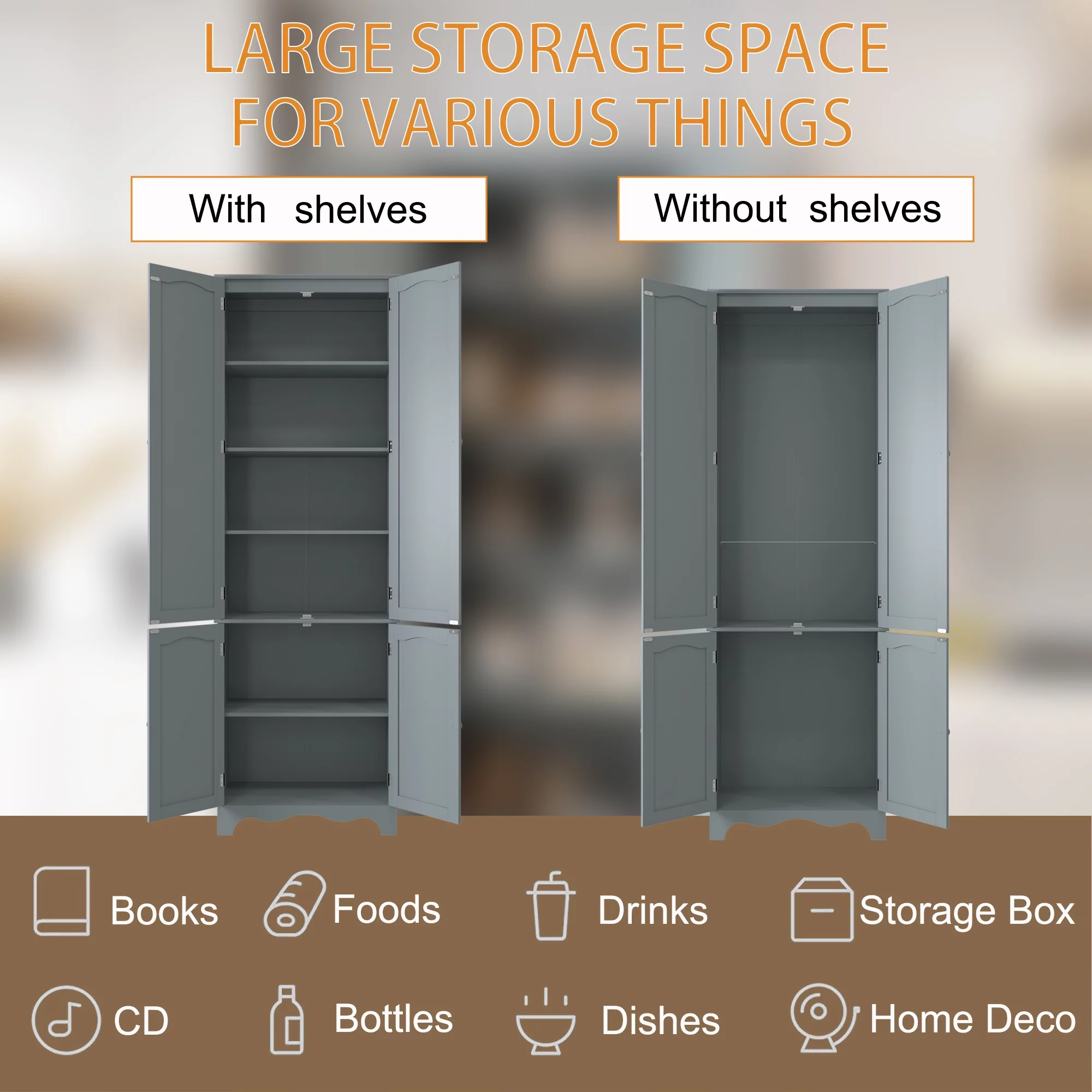 HOMEFORT 72" H Freestanding Tall Pantry Cabinet, Kitchen Pantry with 2 Large Cabinets and Adjustable Shelves