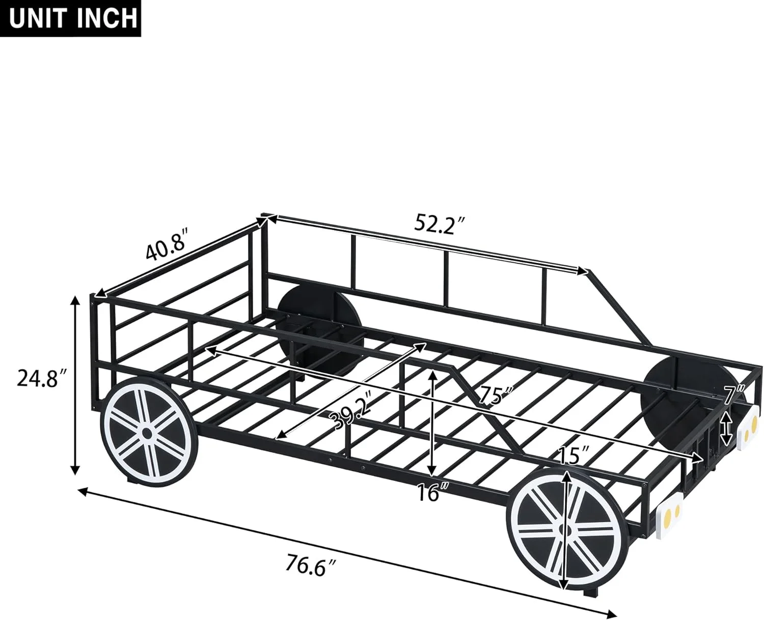 Size Car Bed Wih Rails Ad 4 Wheels, Meal Kids Low Plaform Bed Frame, Race Car Bed For Kids Boys Girls ees, Black