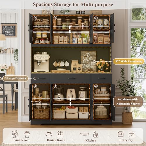 HOSTACK 71" Tall Kitchen Pantry Storage Cabinet with Charging Station, 55" Wide Kitchen Hutch Cabinet with Large Countertop