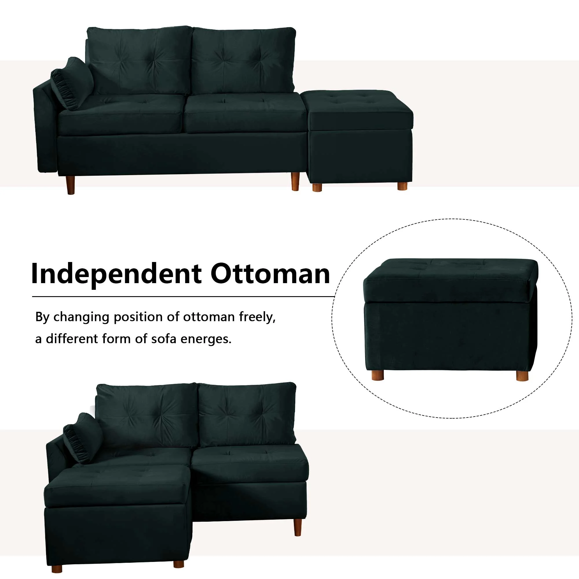 Giratree Free Combination Sectional Sofa and Couch, Velvet Fabric Modern 2-3 Seat Sofa with Storage Ottoman, Black