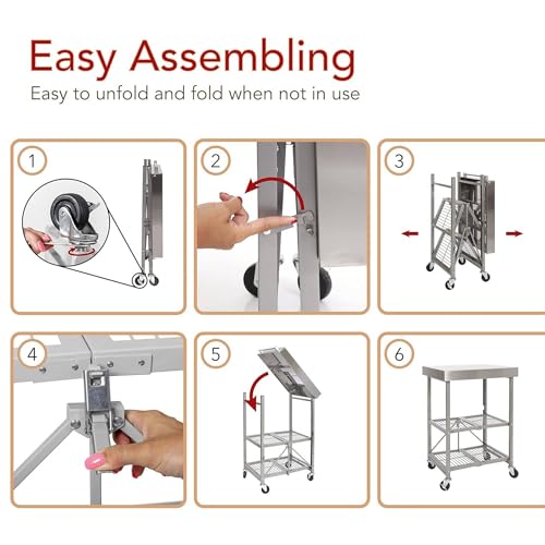 Origami Folding Kitchen Cart on Wheels, 3-Tier Foldable Rolling Cart - Chefs Outdoor Cart for Wine and Food, Microwave Cart, Plating Shelf