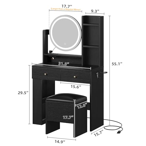 DWVO Vanity Desk with Mirror and Lights, Makeup Vanity Table Set with Power Outlets and Chair, 3 Lighting Colors
