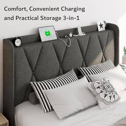 iPormis Queen Bed Frame with 4 Storage Drawers, Upholstered Platform Bed Frame with Charging Station, Modern Wingback Storage Headboard