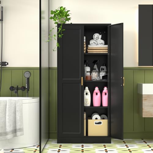 Pantry Cabinet, 71 Inch Tall Kitchen Storage Cabinet, Metal Pantry Cabinet with Doors and Adjustable Shelves, Black Food Cupboard