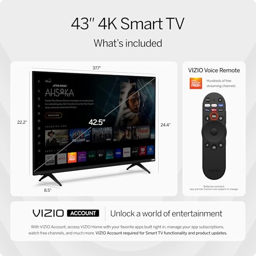 VIZIO 43-inch 4K UHD LED Smart TV w/Dolby Vision HDR, WiFi 6, Bluetooth Headphone Capable, Apple AirPlay, Google Cast Built-in (V4K43M-08, New)
