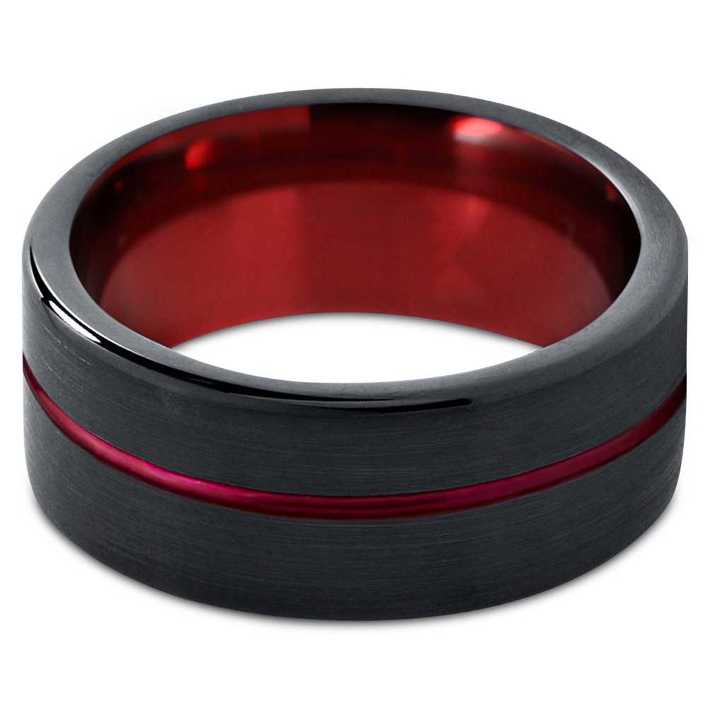 Tungsten Wedding Band Ring 10mm for Men Women Red Black Pipe Cut Brushed Polished Lifetime Guarantee