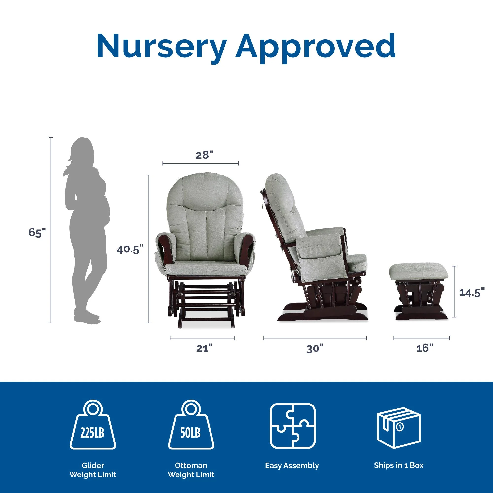 Baby Relax Huntington Glider Rocker with Storage and Ottoman, Espresso Finish with Gray Cushions