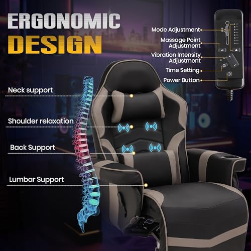 Massage Gaming Recliner Chair with Cup Holder & Side Pockets – Ergonomic PU Leather Video Gaming Chair with Footrest, Manual Recline