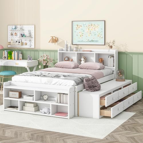 SOFTSEA Full Size Platform Bed with Storage, Platform Bed with Drawers and Bed End Case, Wood Platform Bed Frame with Storage Bookcase Headboard