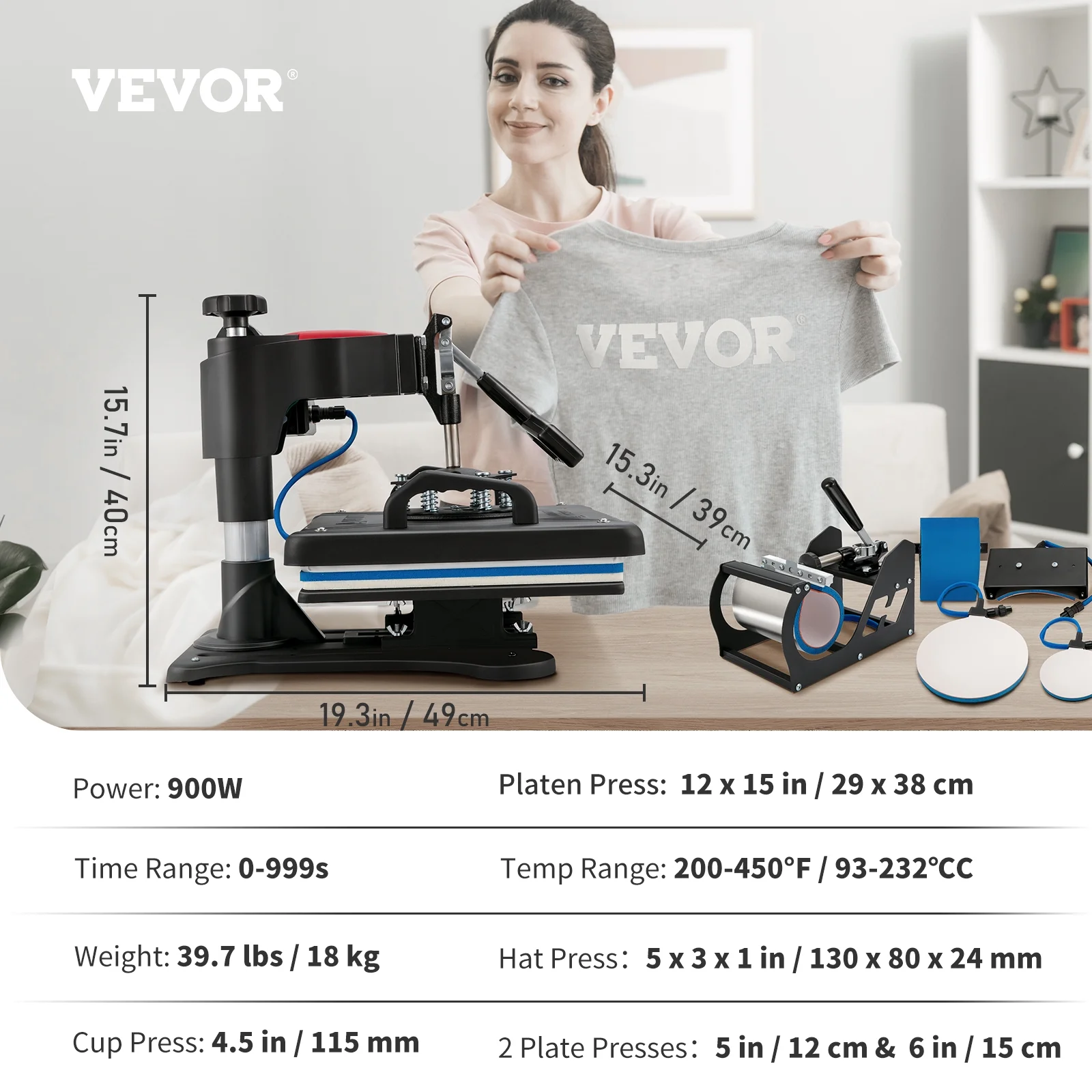 SKYSHALO Heat Press Machine, 12x15inch / 30x38cm, 5IN1 Clamshell Sublimation Transfer Printer with Teflon Coated, Digital Precise Heat Control