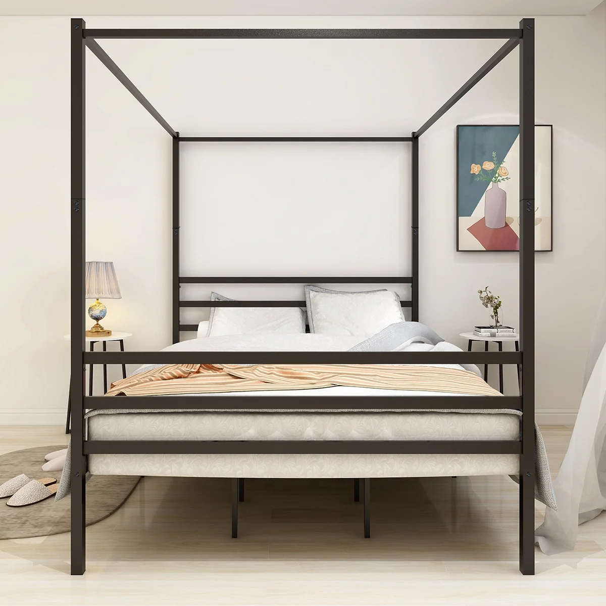 Metal Canopy Bed Frame, Platform Bed Frame Queen with minimalism style Frame , Queen Black