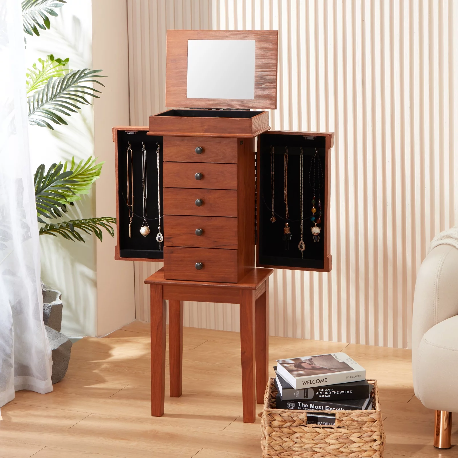 AVAWING Jewelry Cabinet Armoire & Storage Organizer 5 Drawers & 8 Necklace Hooks, Cerise
