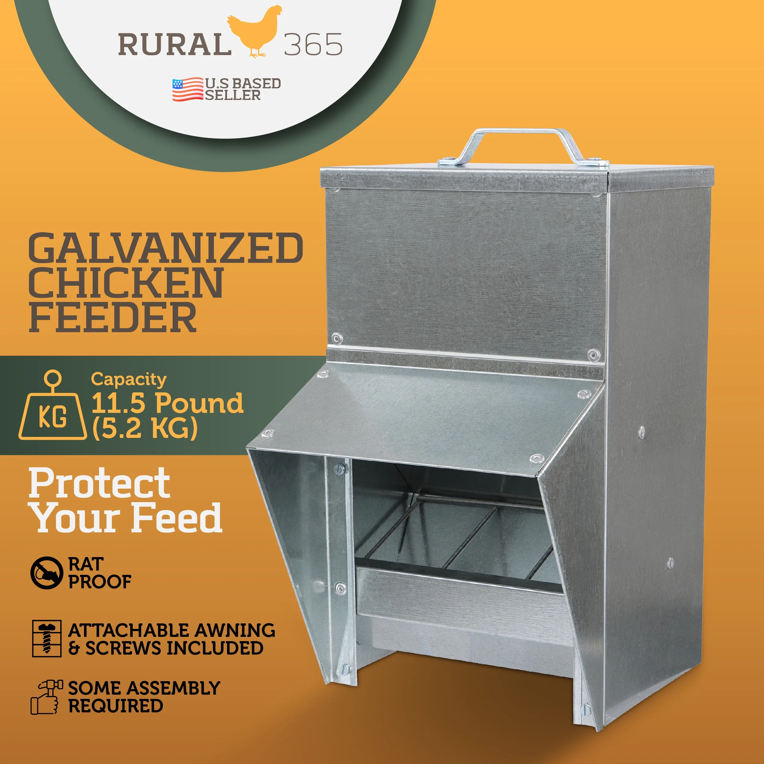 Rural365 11.5lb Capacity Galvanized Chicken Feeder Weatherproof Coop Dispenser