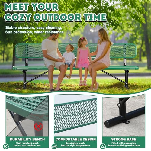 8FT Heavy Duty Park Bench with Back Portable Frame, Outdoor Metal Park Bench with Backrest, Steel Mesh Outdoor Bench for Garden, Lawn, Patio, Porch