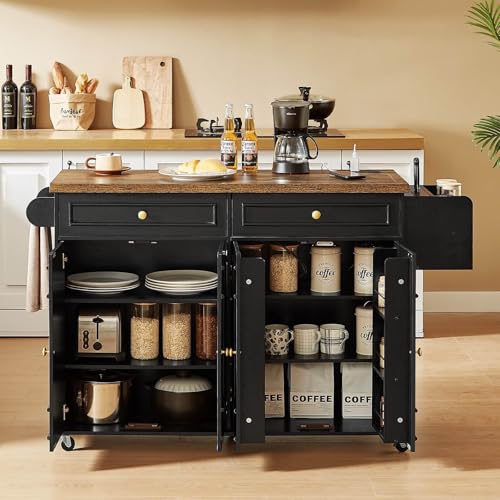 58" Mobile Kitchen Island, Kitchen Island Cart with Power Outlet, Island Table for Kitchen, Home Bar Carts with Storage