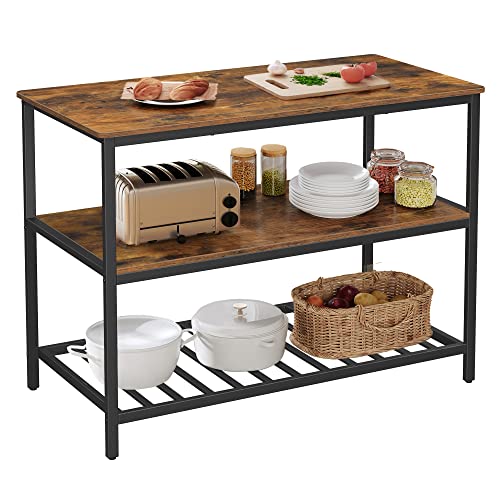 VASAGLE Kitchen Island with 3 Shelves, 47.2 Inches Width Kitchen Shelf with Large Worktop, Stable Steel Structure, Industrial, Easy to Assemble