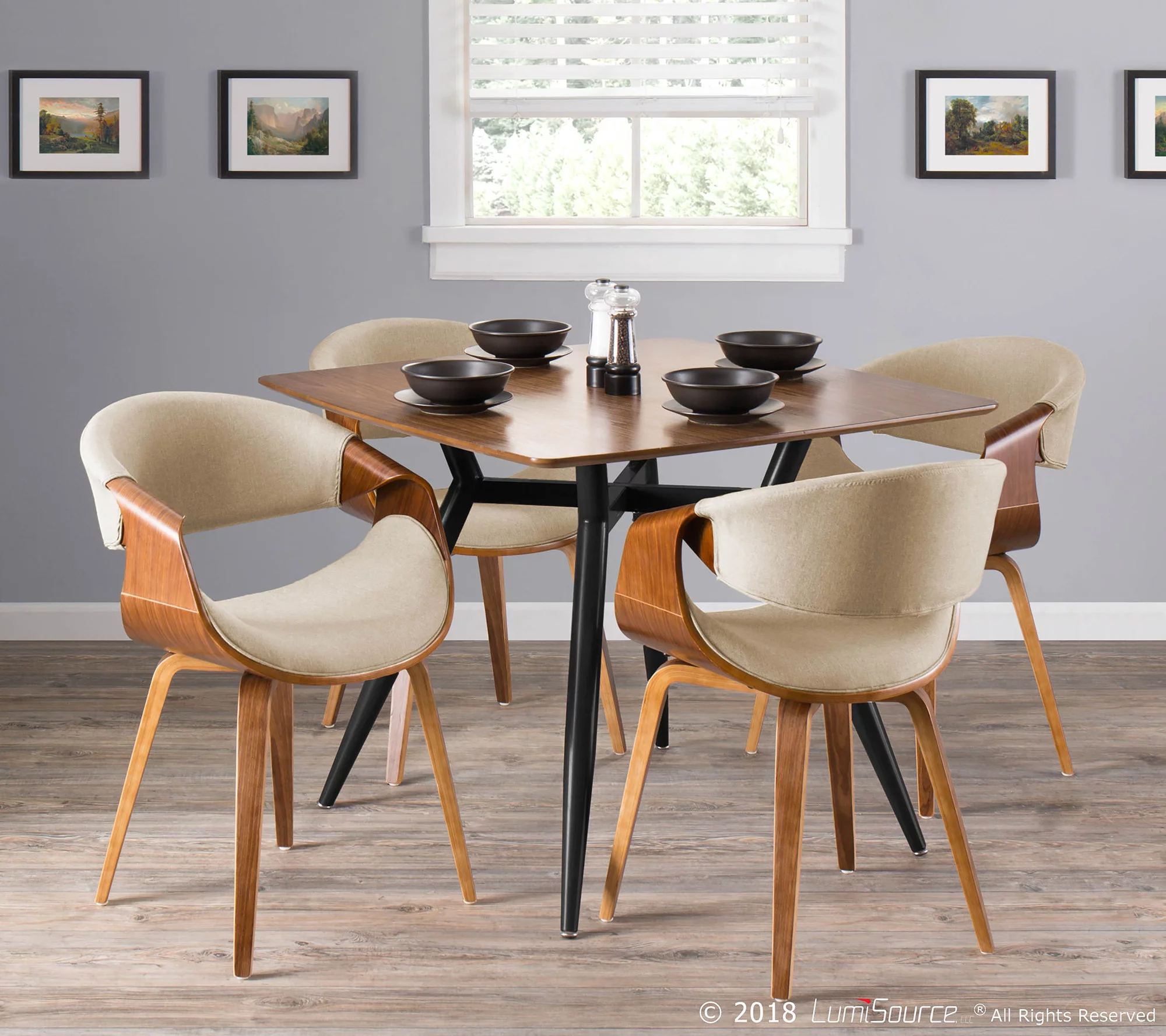 Curvo Mid-Century Modern Dining/Accent Chair in Walnut and Cream Fabric by LumiSource
