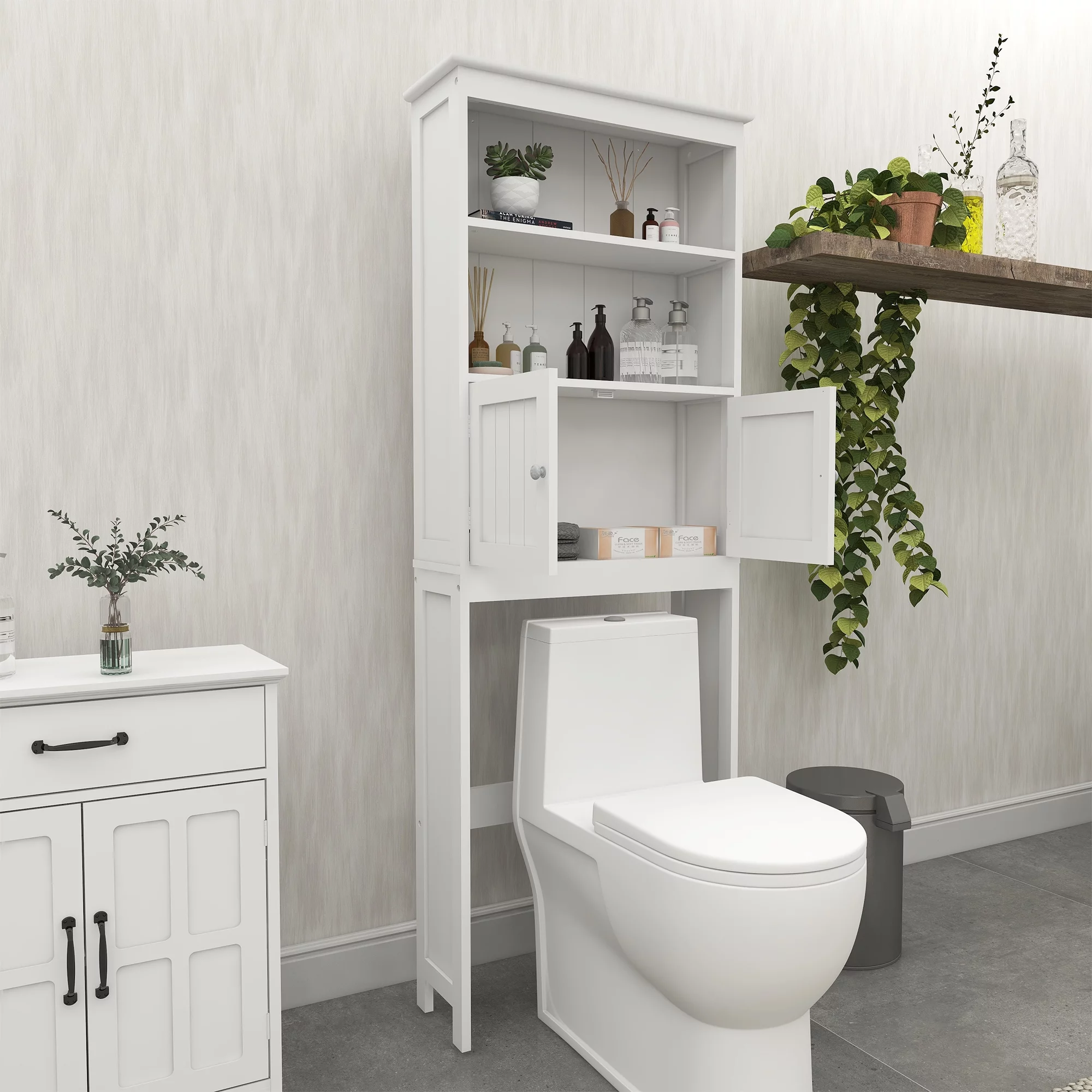 Over The Toilet Rack 2 -Tier Toilet Bathroom Spacesaver Storage Shelf with 2 Doors Wood Storage Organizer Cabinet for Bathroom Freestanding