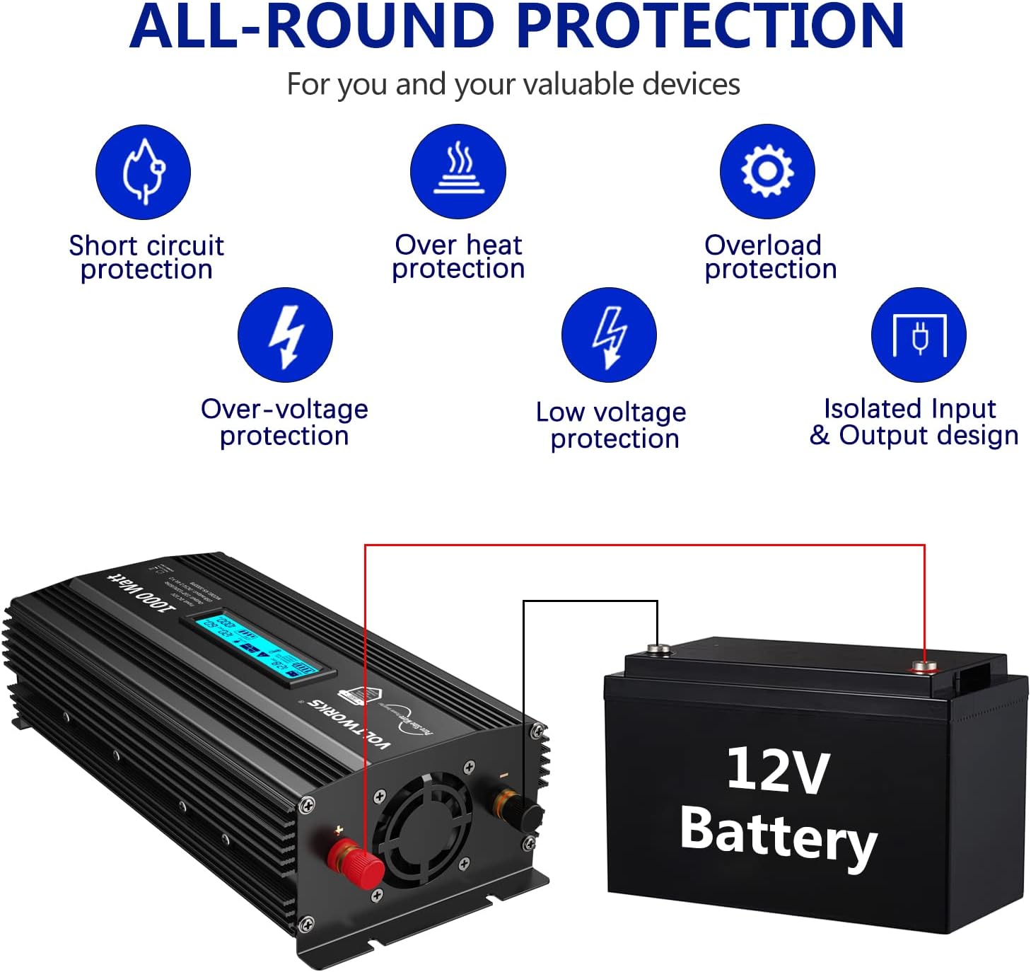 Pure Sine Wave 2500 Watt Car Power Inverter 2500w Converter DC 12V to 110V-120V AC with LCD Display 2 AC Outlets 2x2.4A USB Ports 1 AC Terminal Block