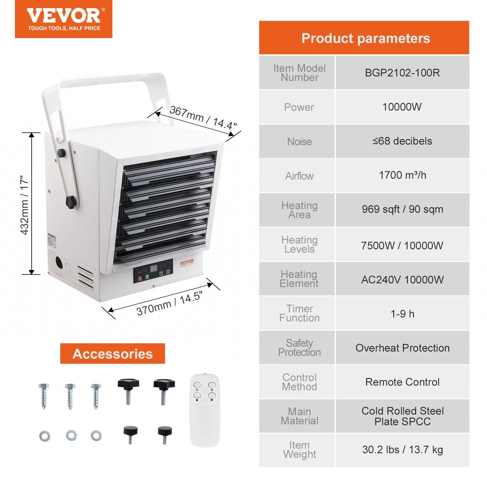 VEVOR 10000-Watt Electric Garage Heater - Digital Fan-Forced Wall/Ceiling Mount Shop Heater with Remote Control, Overheat Protection, Hardwired