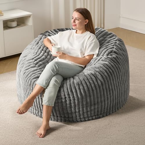 Hobestluk 5ft Bean Bag Chairs for Adults Large Beanbag Chair with Stripe Plush Cover Big Bean Bag Chair for Living Room Bedroom Dorm Office -Black