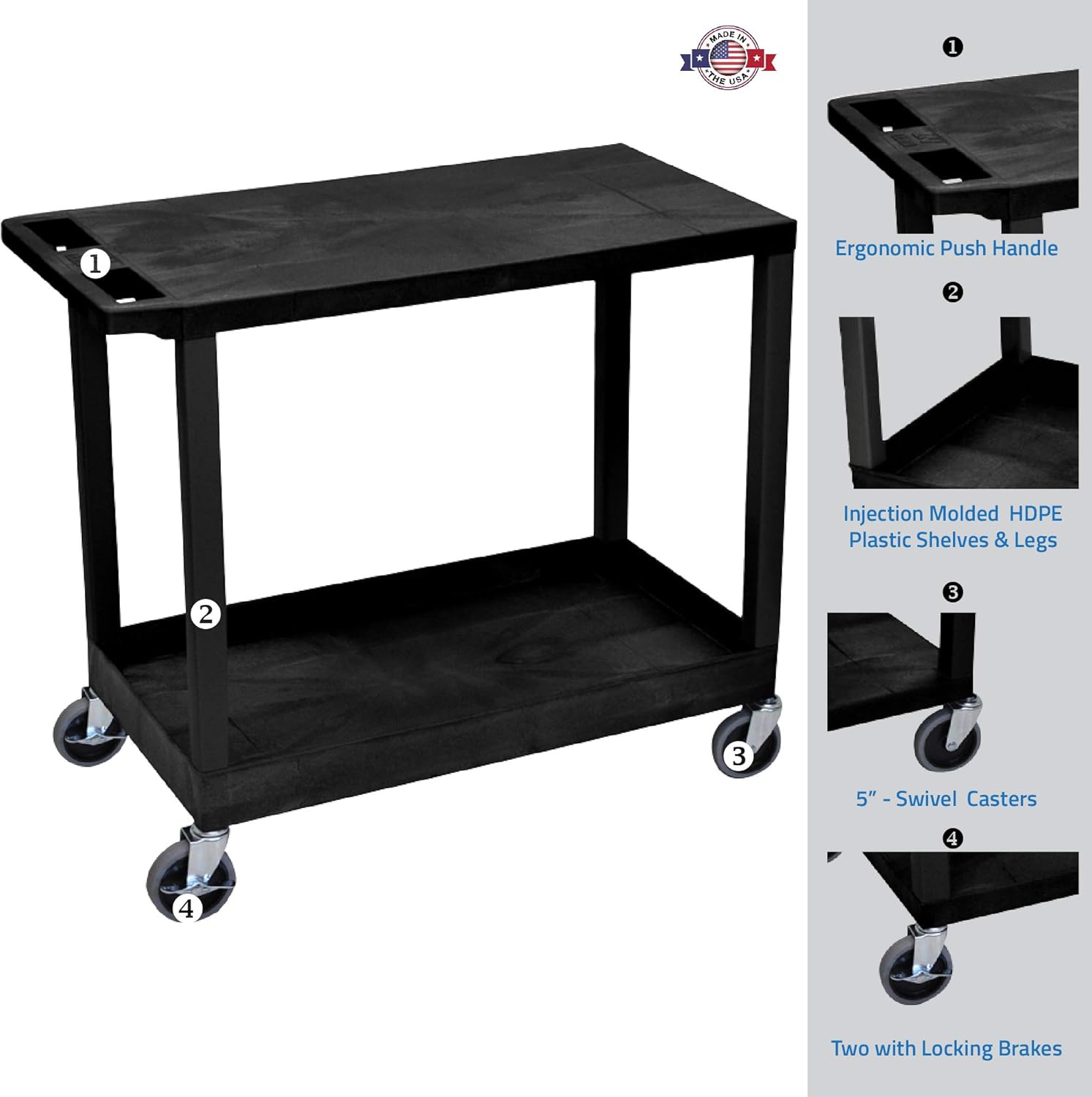 Offex 32 x 18 Mobile Heavy-Duty Multipurpose Utility Cart with One Tub and One Flat Shelf, Push Handle - Black, Great for Garage, Shop or Storage Area