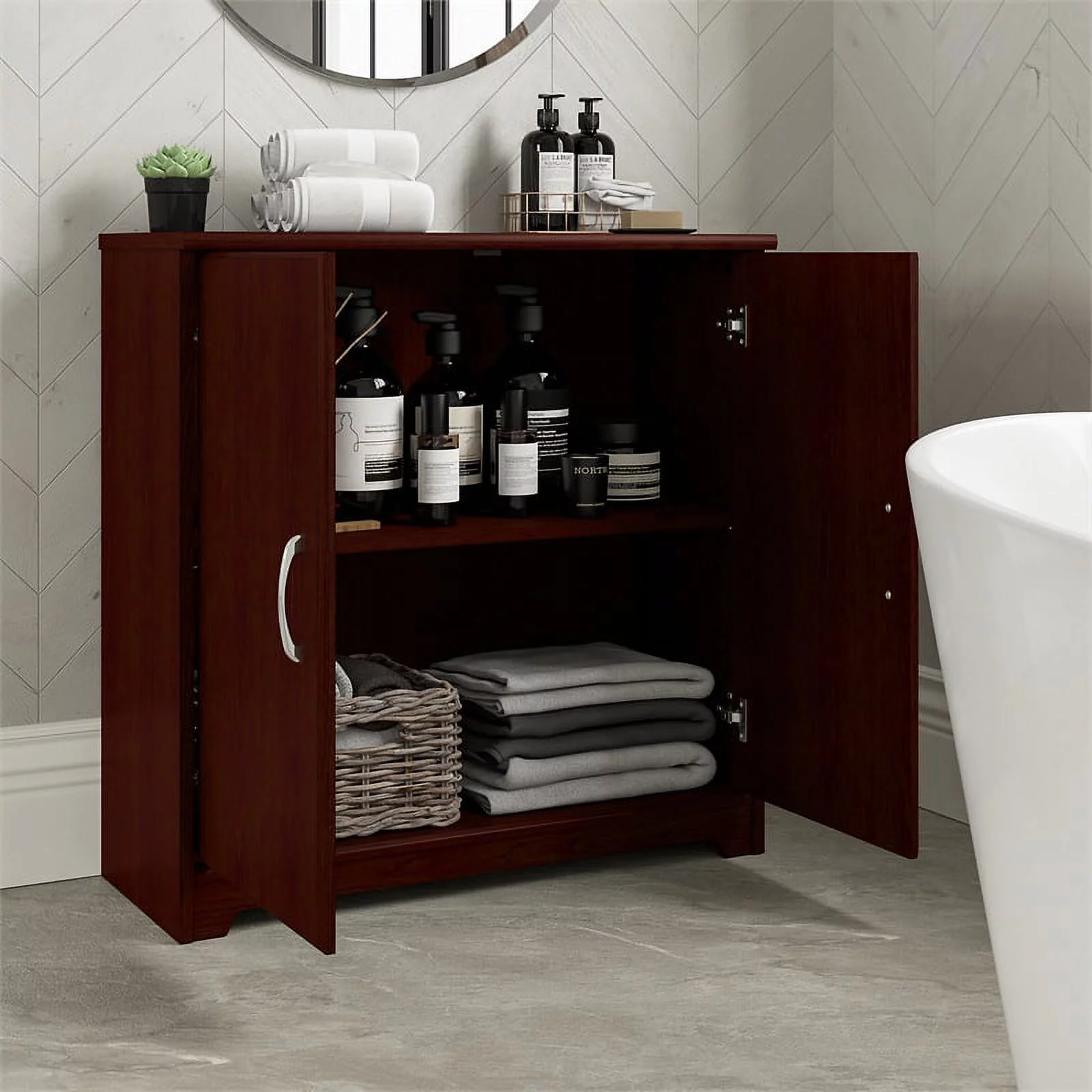 Bowery Hill Small Bathroom Cabinet in Harvest Cherry - Engineered Wood