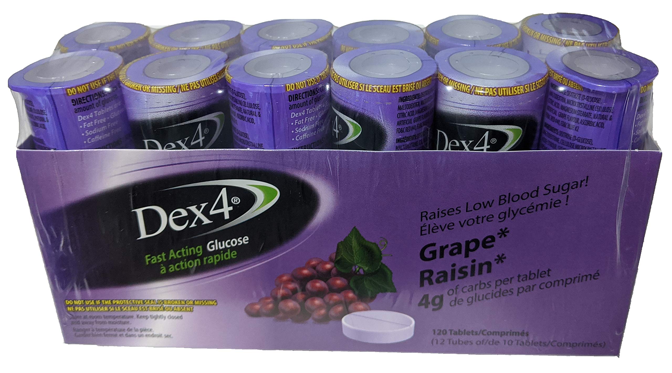 Dex4 Glucose Tablets, Grape, 12-Pack of Dex4 Tubes, 10 Tablets in Each Tube, Each Tablet Contains 4g of Fast-Acting Carbs - Kansas Nuitrition - HNZSDS