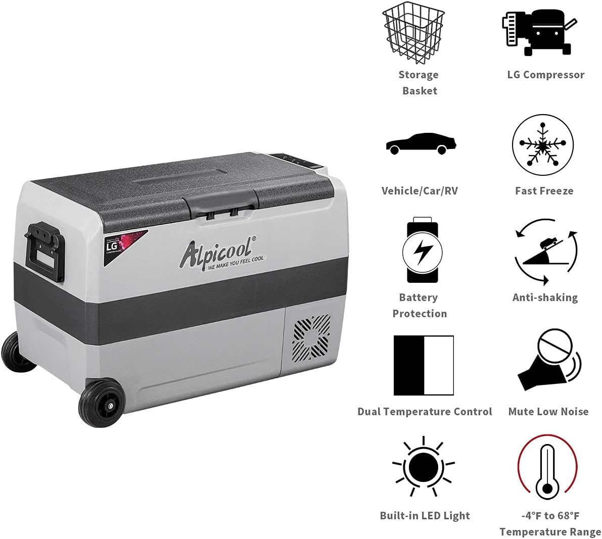 Alpicool LGT50 Dual Temperature Control 12 Volt Refrigerator 53 Quart Portable Car Fridge Freezer (-4°F~68°F) for Truck, RV, Boat, Camping and Travel
