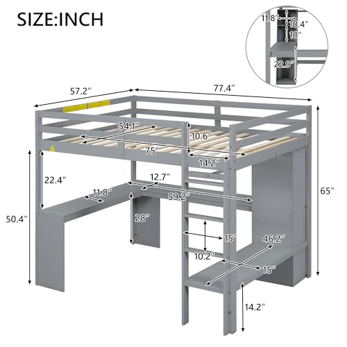 SOFTSEA Full Size Loft Bed with Desk & Wardrobe, Wood Loft Bunk Bed with Storage Shelves and Cabinets