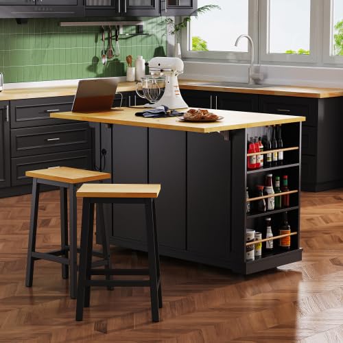 Bellemave Kitchen Island with Storage Cabinet on Wheels, 53.5'' Mobile Kitchen Cart with Power Outlet, Drop Leaf, Spice/Towel Rack and Drawer