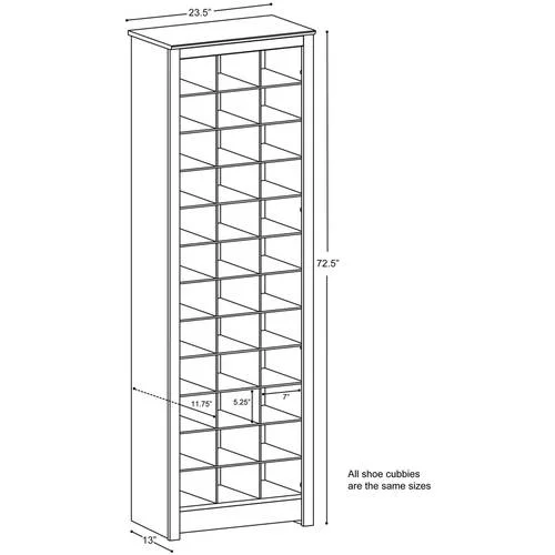 Prepac Elegant White Shoe Storage Cabinet, Space-Saving Solution with Cubbies for 36 Pairs, 13"D x 23.5" W x 72.5" H