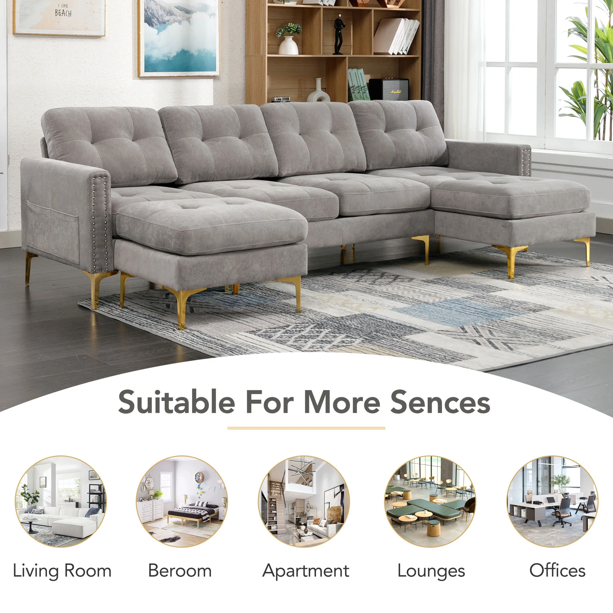 Soges U-Shaped Sectional Sofa with Ottoman, Convertible Couch for Living Room, 5 Seater Sofa, Gray, 110"x54"