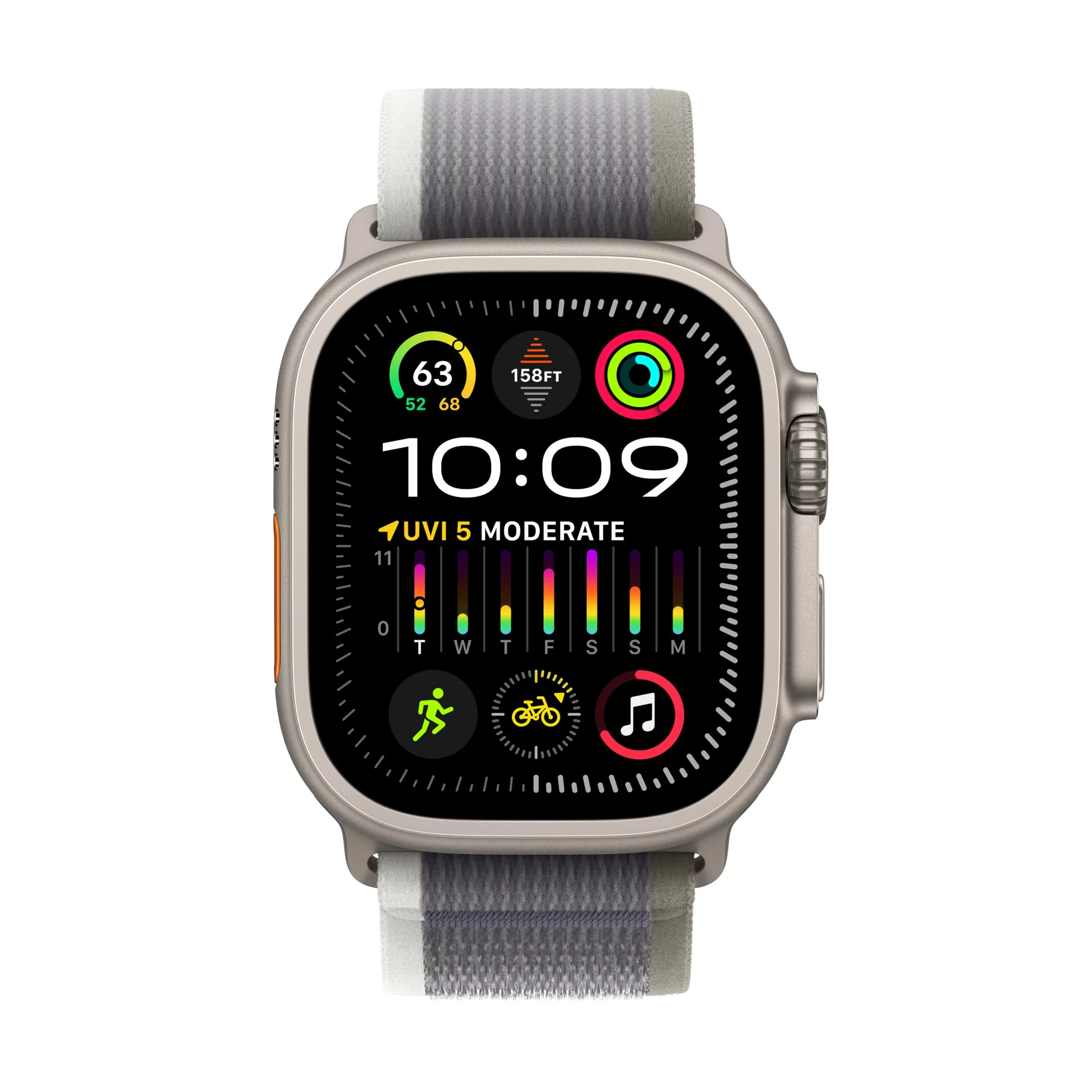 Apple Watch Ultra 2 [GPS + Cellular 49mm] Smartwatch with Rugged Titanium Case & Green/Grey Trail Loop S/M. (Carbon Neutral)
