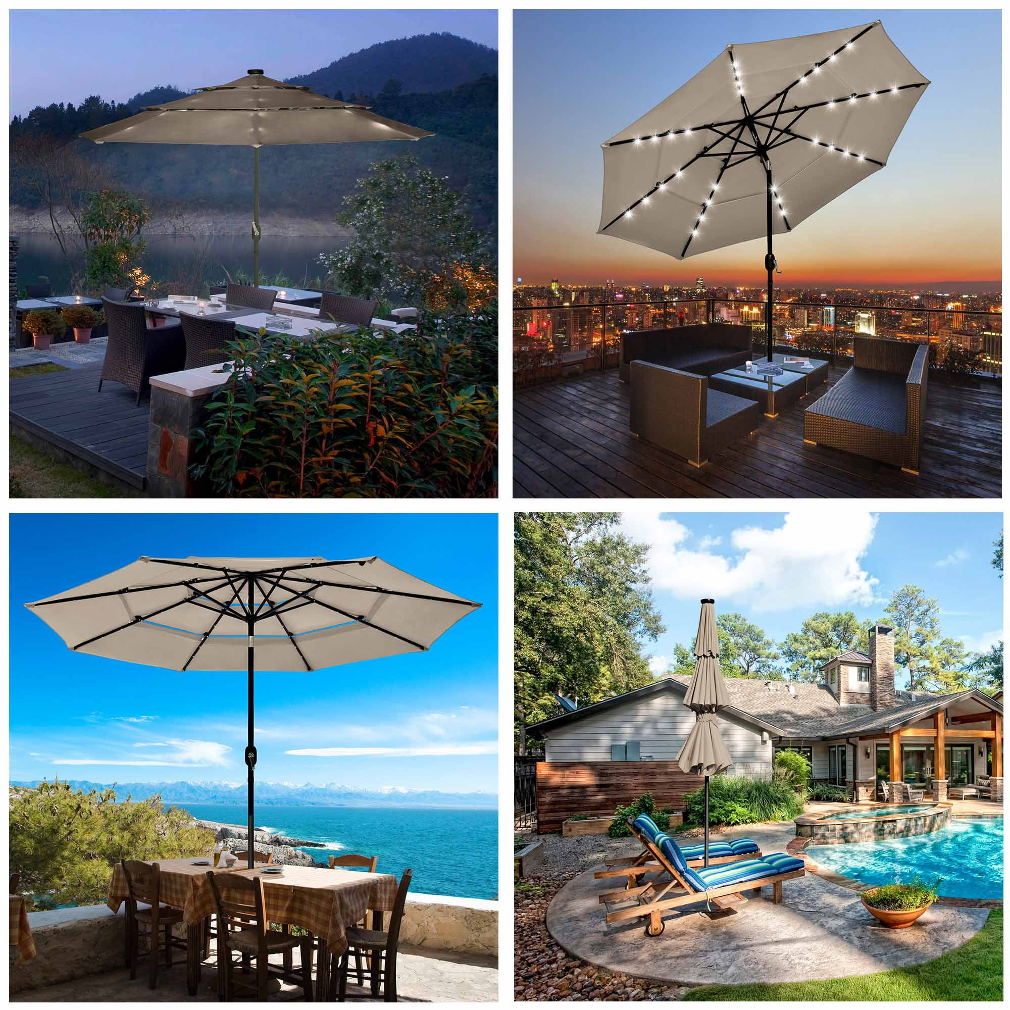 Yescom 10 Ft 3 Tier Patio Umbrella with Solar LED Crank Tilt Button Garden - Radiant Selections