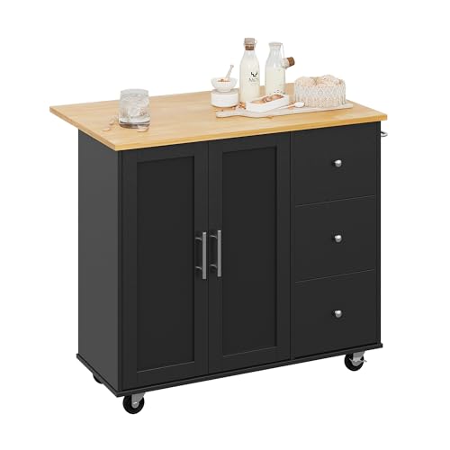 Shintenchi Rolling Kitchen Island Cart with Folding Drop Leaf Breakfast Bar, Portable Trolley Island with Large Storage Cabinet, Shelf and Drawer