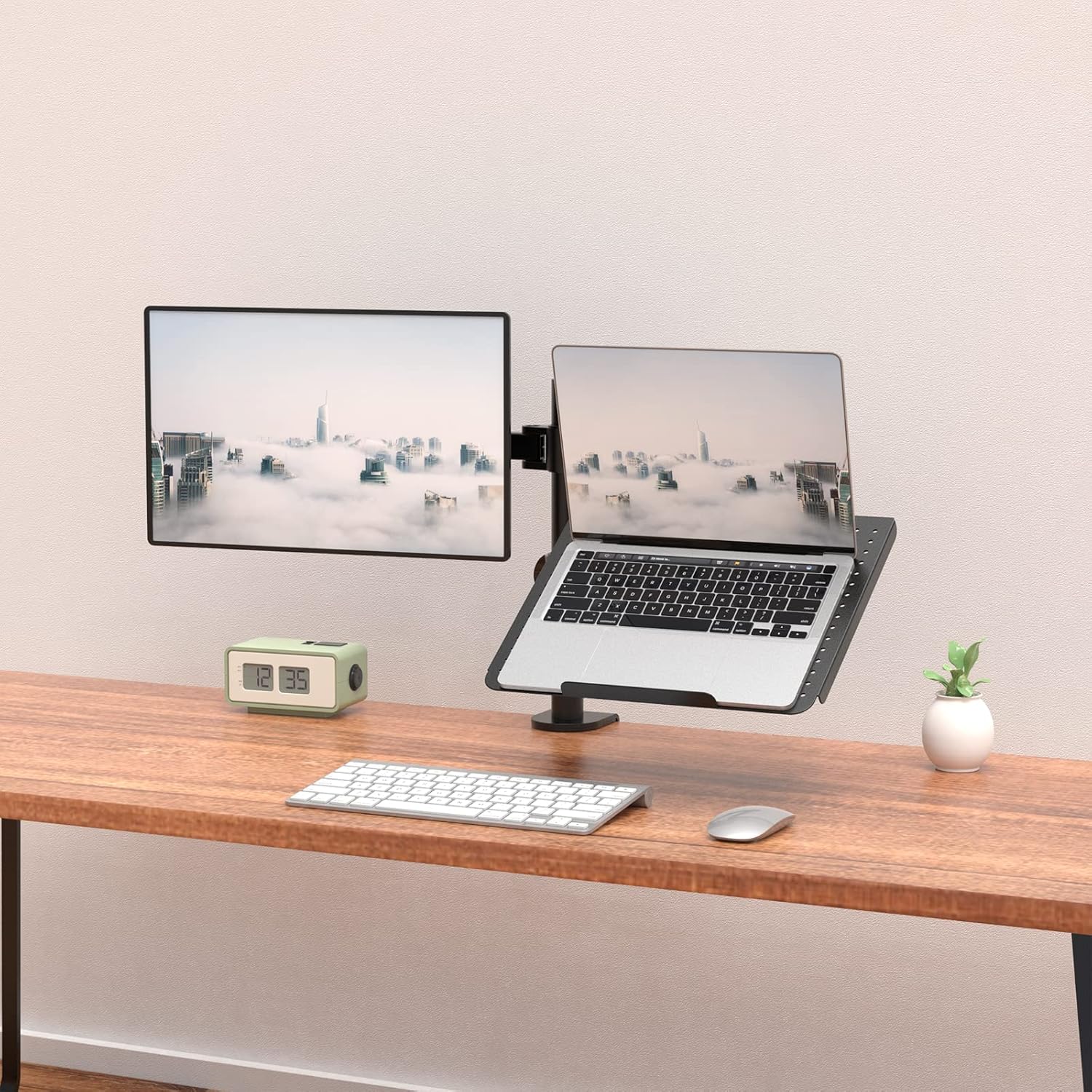 WALI Laptop and Monitor Mount Stand, Single Monitor Desk Mount with Tray for 1 Laptop Notebook up to 17 inch and 1 LCD Monitor Mount up to 27 inch